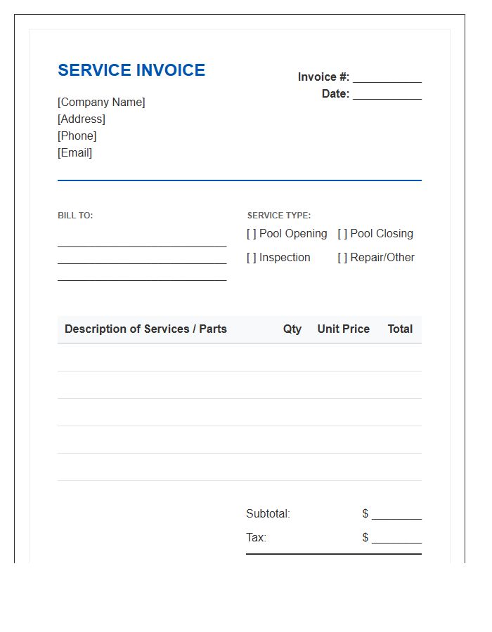 Pool Opening And Closing Invoice Template