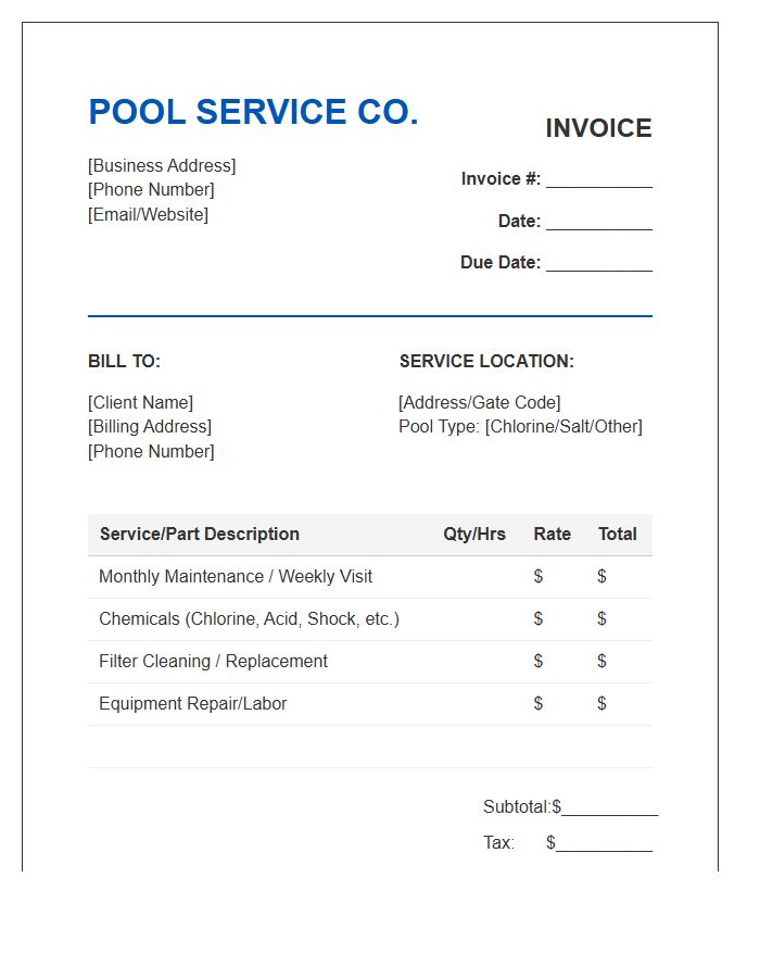 Professional Pool Technician Invoice Template