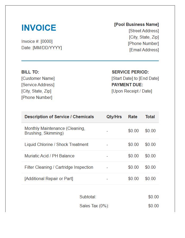 Standard Pool Service Business Invoice Template