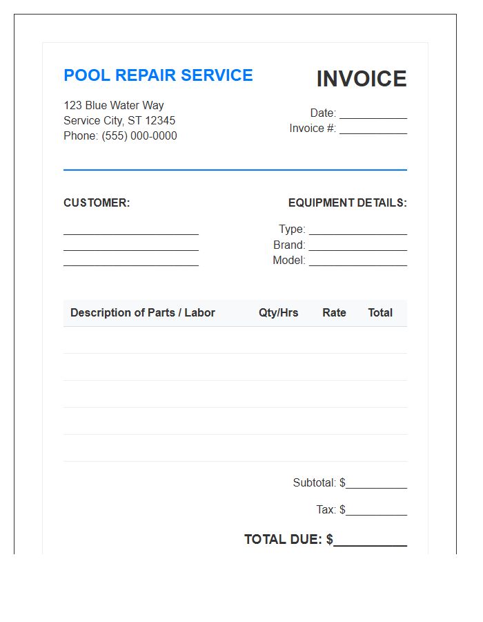 Swimming Pool Equipment Repair Invoice Template