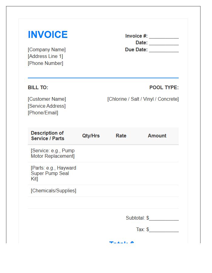 Swimming Pool Repair Service Invoice Template