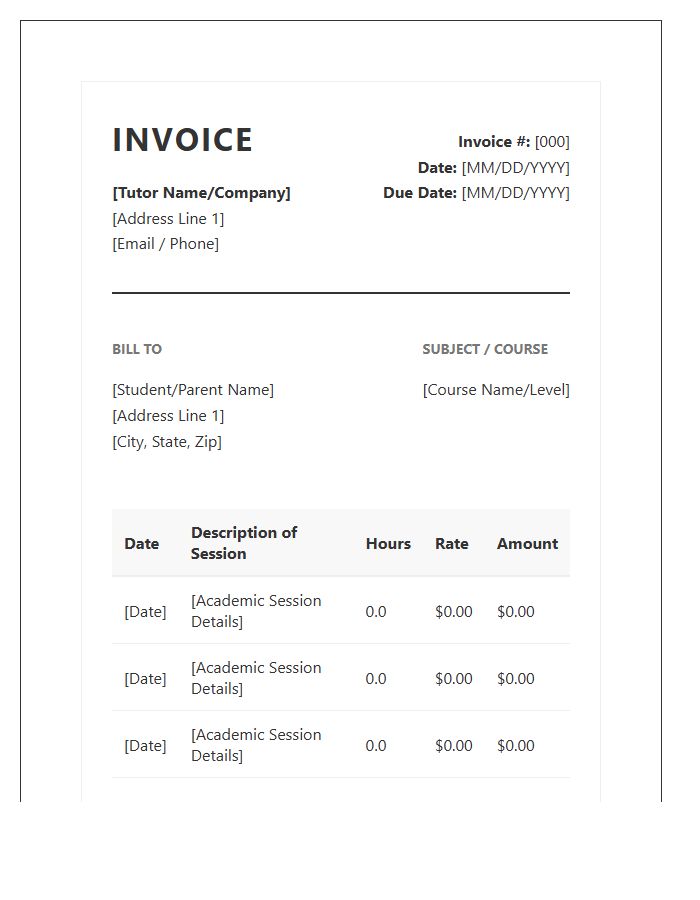 Academic Tutor Invoice Template