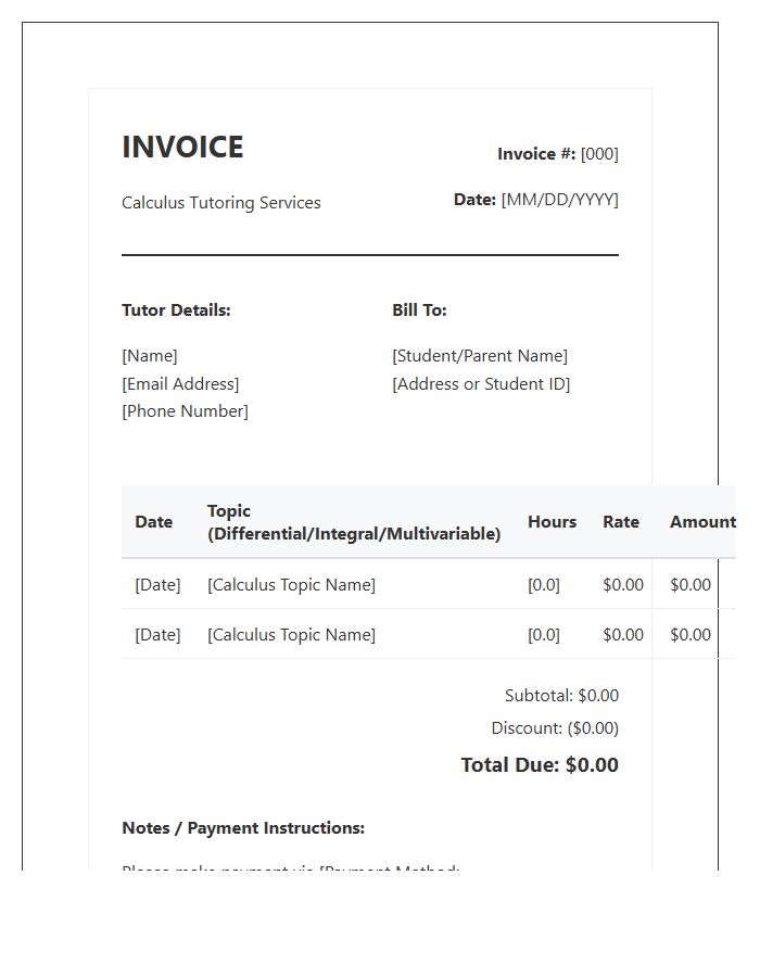 Calculus Tutor Invoice Template