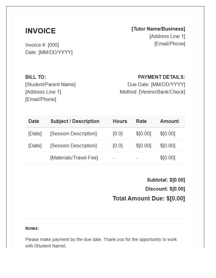 Educational Tutor Invoice Template