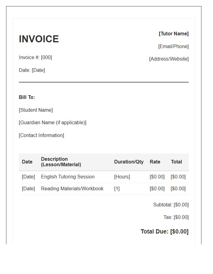 English Tutor Invoice Template