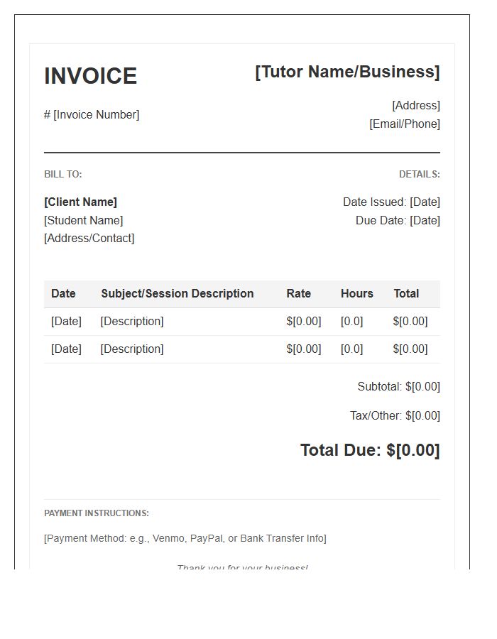 Hourly Tutor Invoice Template