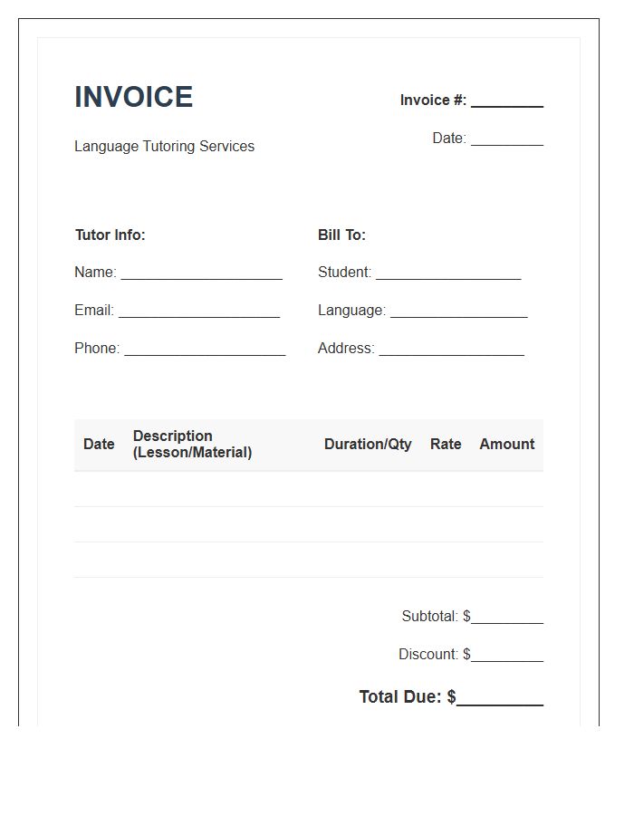 Language Tutor Invoice Template