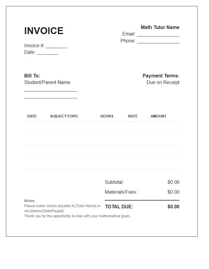 Math Tutor Invoice Template