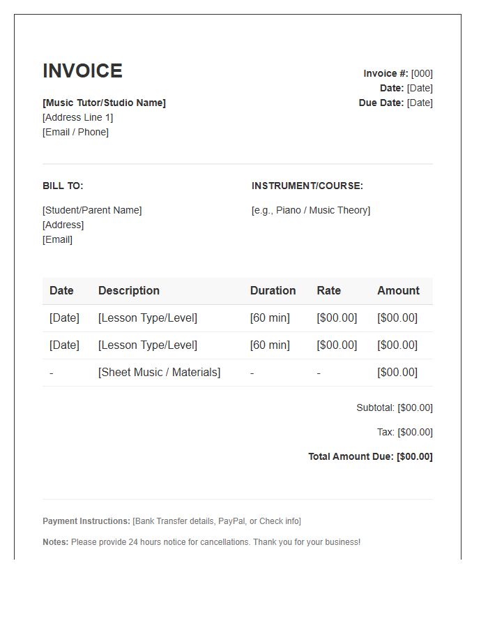 Music Tutor Invoice Template