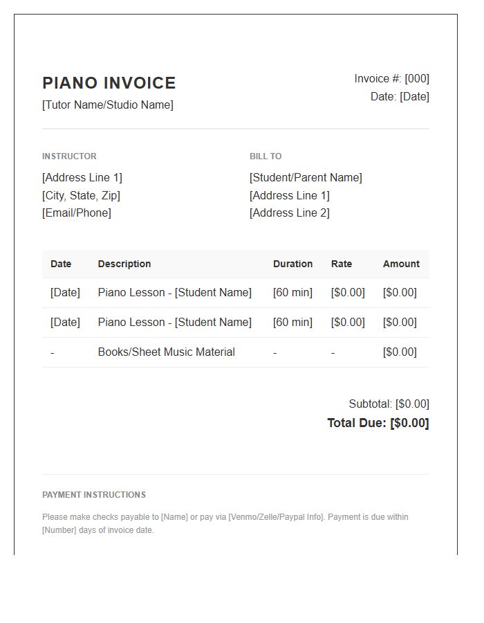 Piano Tutor Invoice Template