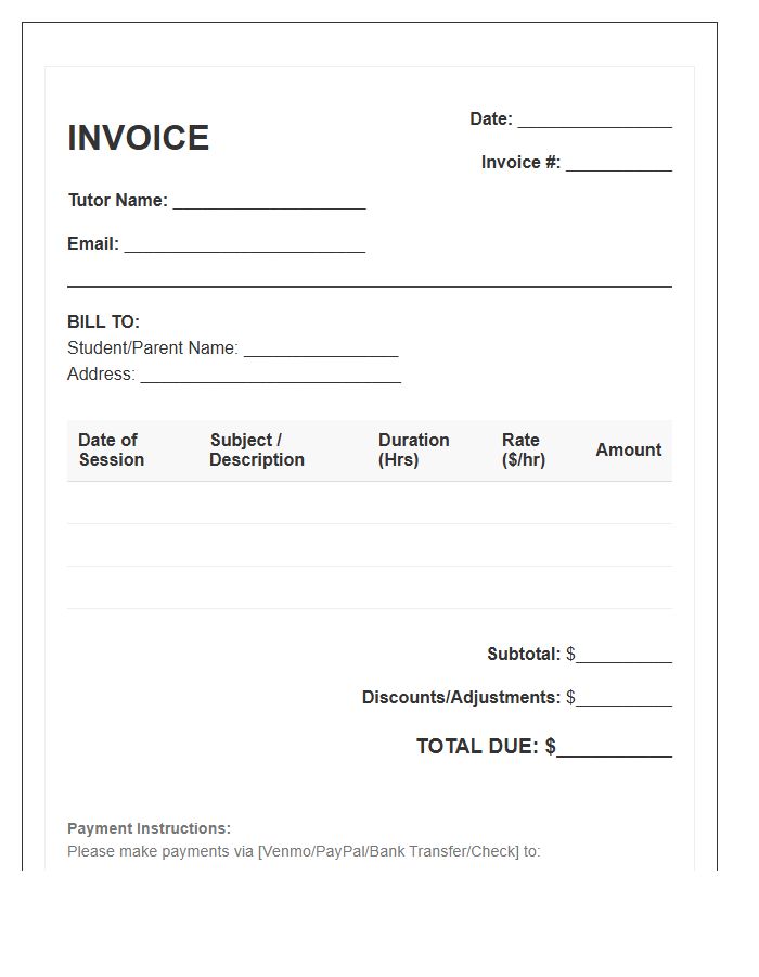 Private Tutor Invoice Template