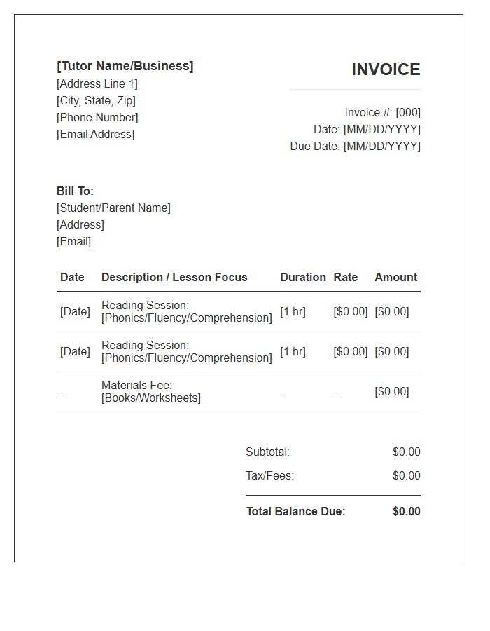 Reading Tutor Invoice Template