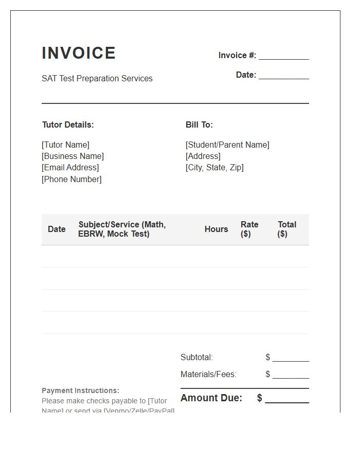 SAT Tutor Invoice Template