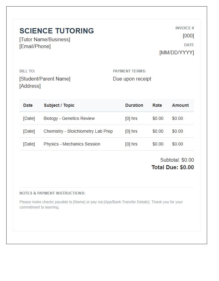 Science Tutor Invoice Template