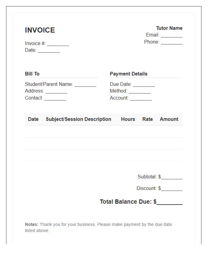Student Tutor Invoice Template