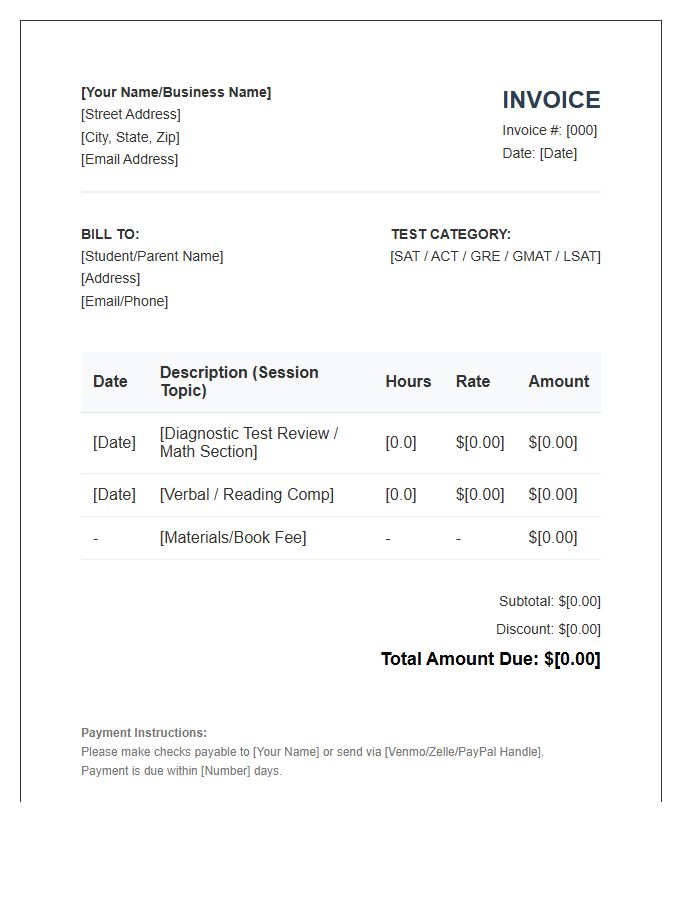 Test Prep Tutor Invoice Template