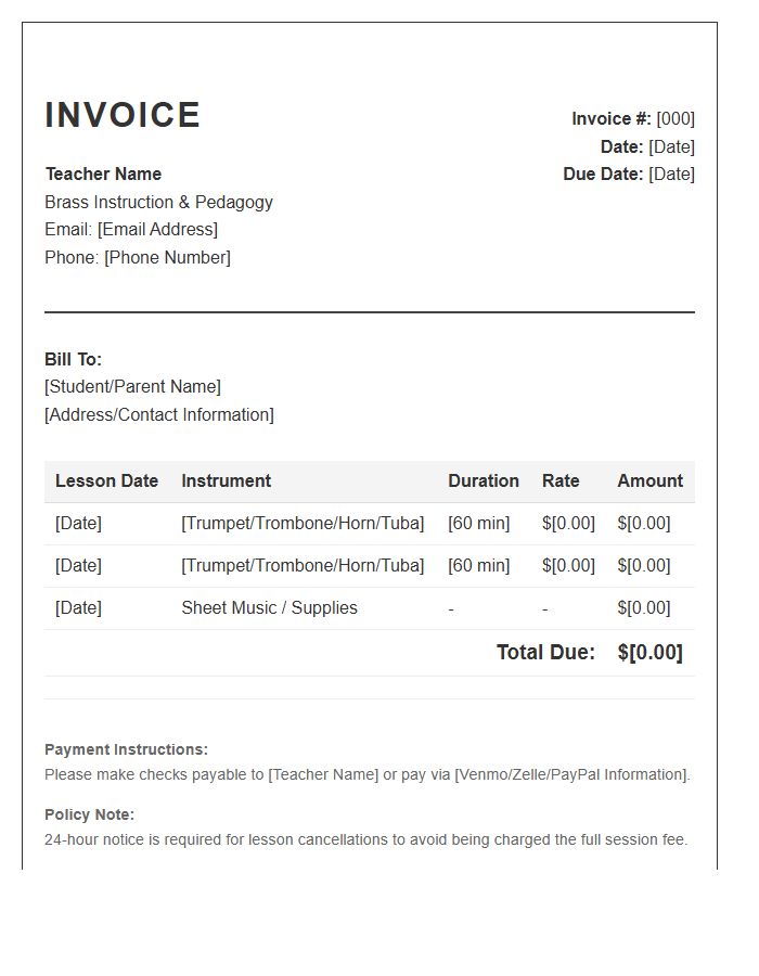 Brass Instrument Teacher Invoice Template