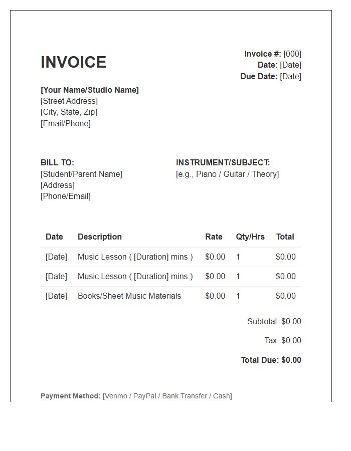 Freelance Music Teacher Invoice Template