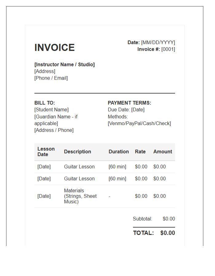 Guitar Instructor Invoice Template