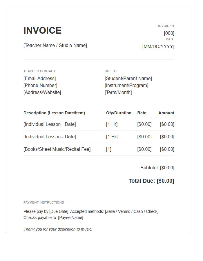 Independent Music Teacher Invoice Template