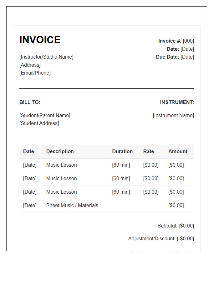 Monthly Music Lesson Invoice Template