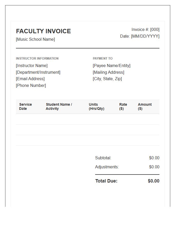 Music School Faculty Invoice Template