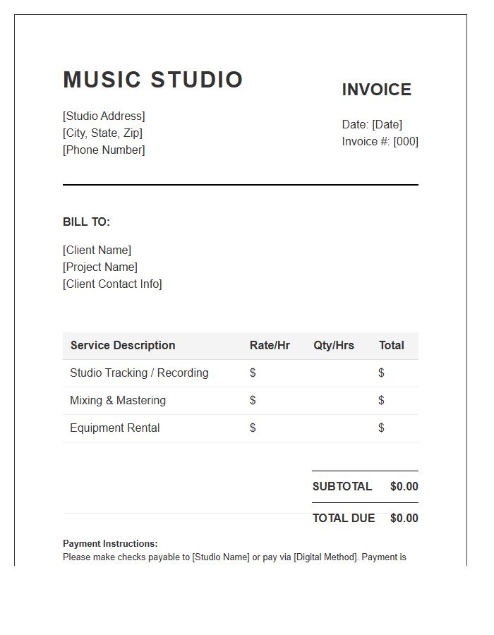 Music Studio Billing Invoice Template