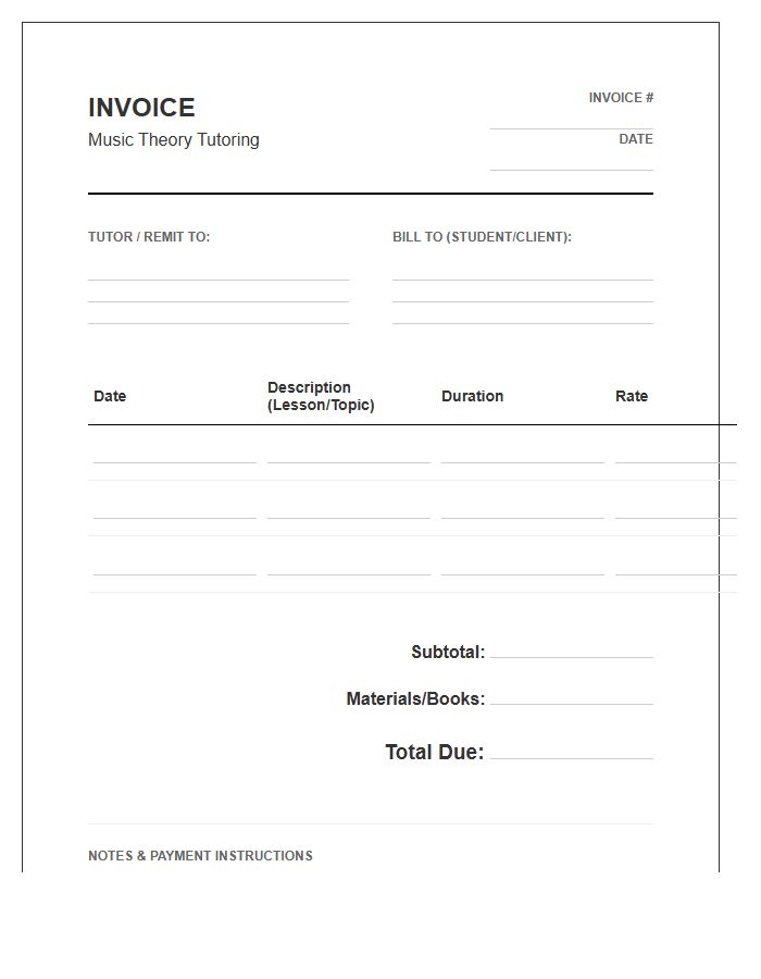 Music Theory Tutoring Invoice Template