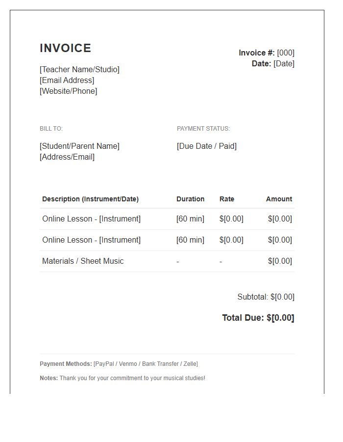 Online Music Teacher Invoice Template