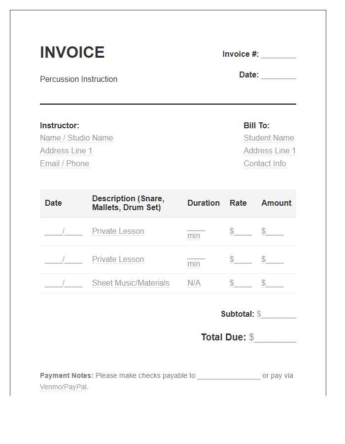 Percussion Lesson Invoice Template