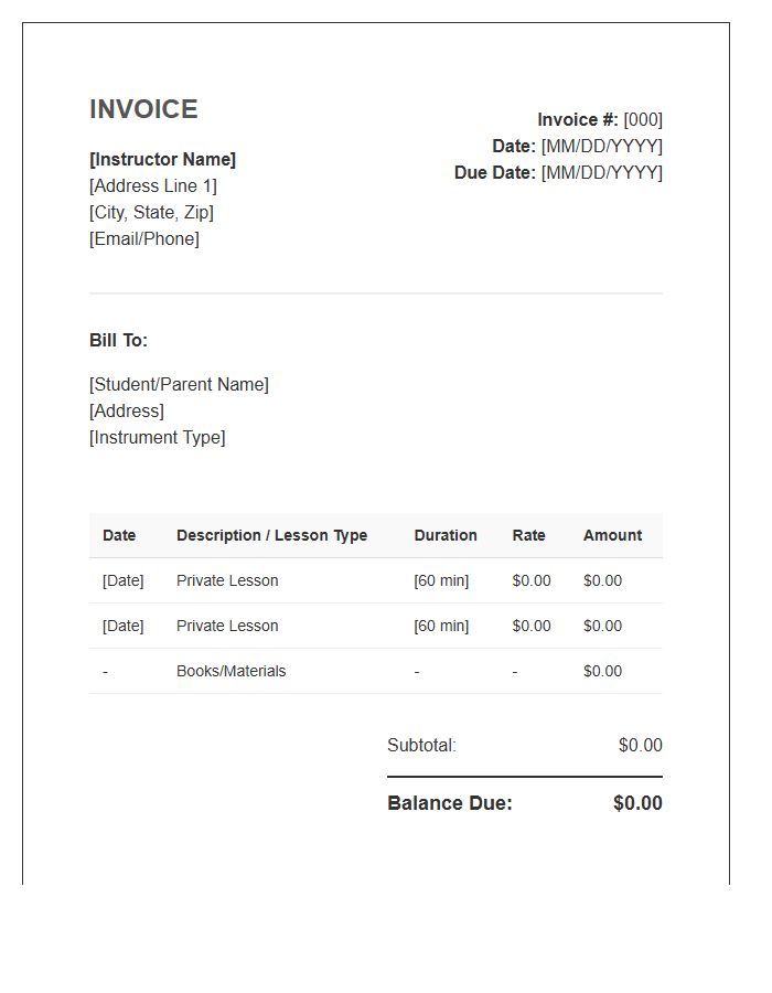 Private Instrument Instruction Invoice Template