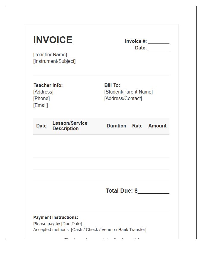 Private Music Teacher Invoice Template