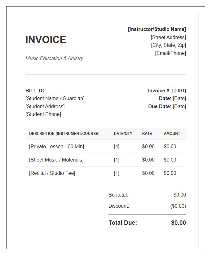 Professional Music Education Invoice Template