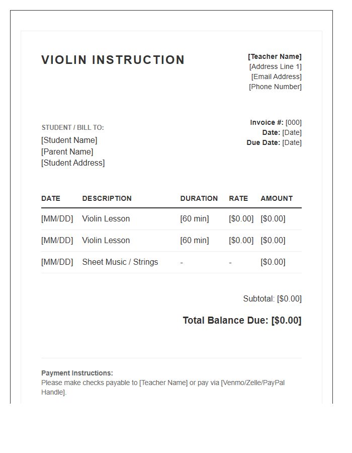 Violin Teacher Invoice Template