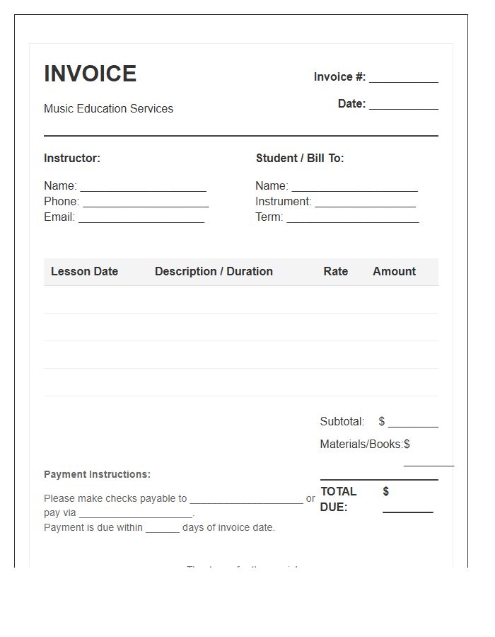 Weekly Music Class Invoice Template