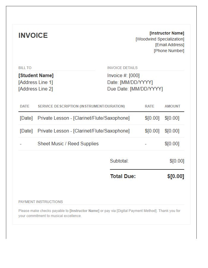 Woodwind Instructor Invoice Template