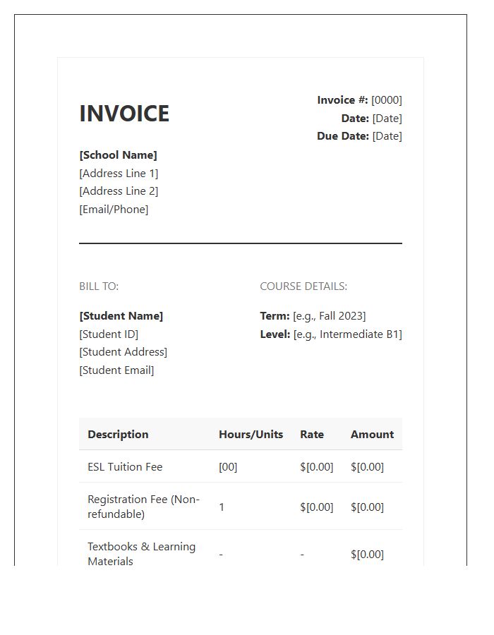 ESL Course Fee Invoice Template
