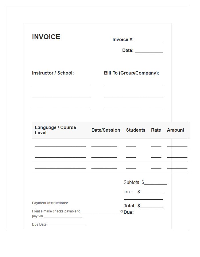 Group Language Lesson Invoice Template