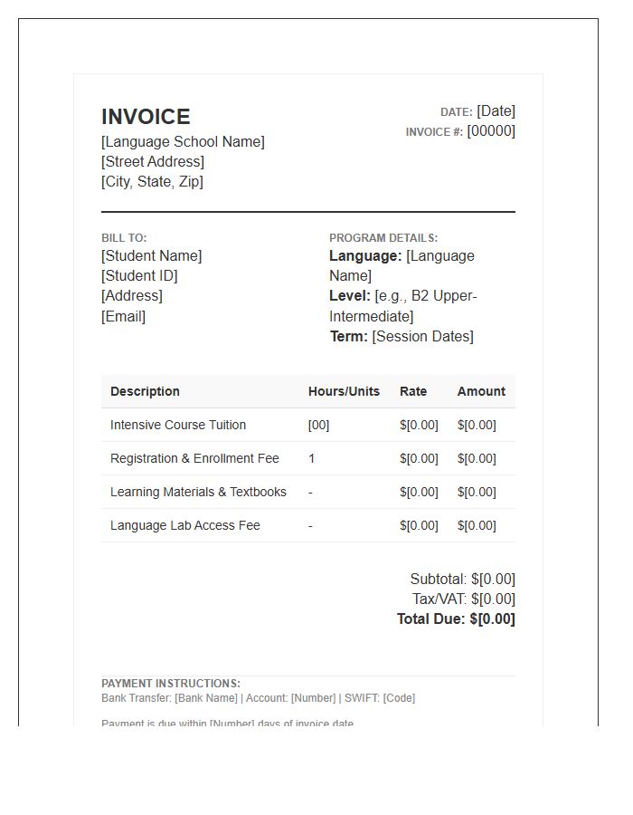 Intensive Language Program Invoice Template