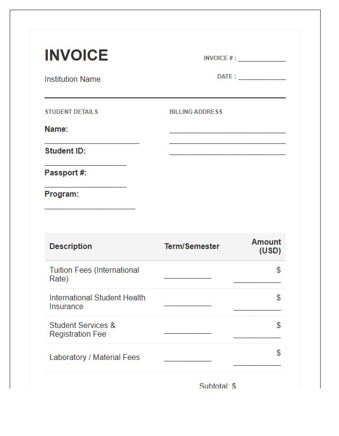 International Student Tuition Invoice Template