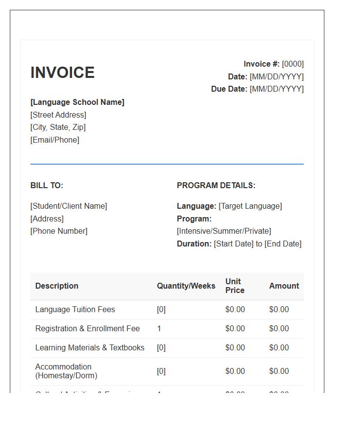Language Immersion Program Invoice Template