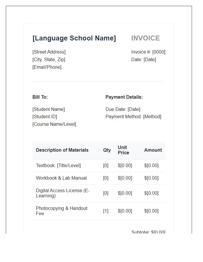 Language School Material Fee Invoice Template