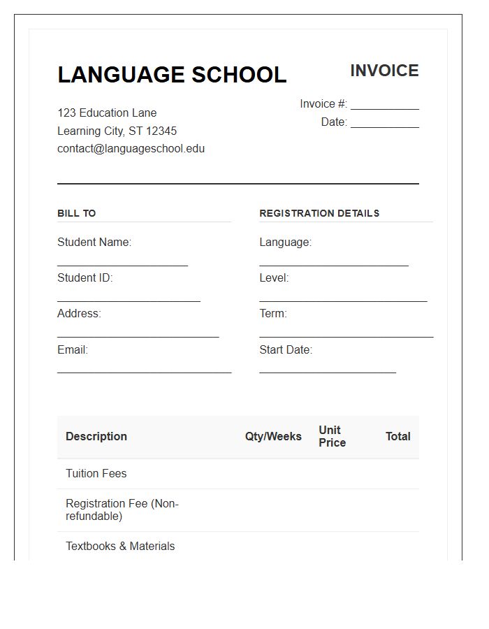 Language School Registration Invoice Template