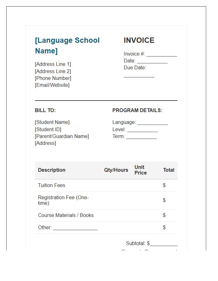 Language School Tuition Invoice Template