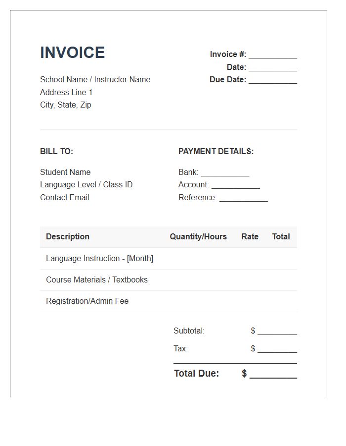 Monthly Language Course Invoice Template