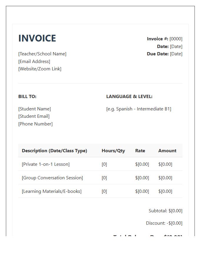 Online Language Class Invoice Template