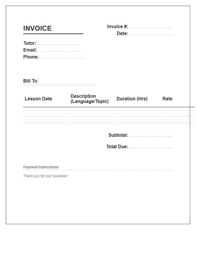 Private Language Tutor Invoice Template