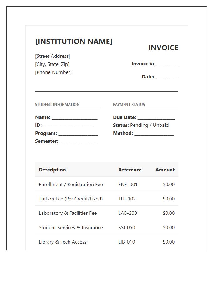 Student Enrollment Fee Invoice Template