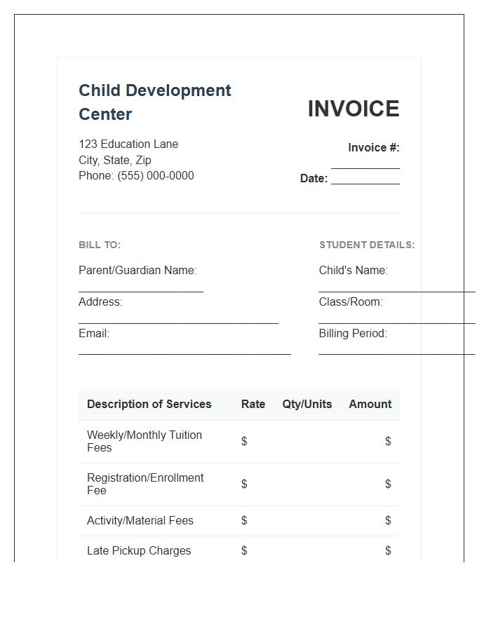 Child Development Center Fee Invoice Template