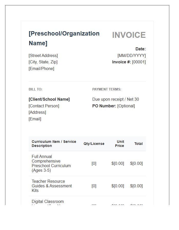 Comprehensive Preschool Curriculum Invoice Template